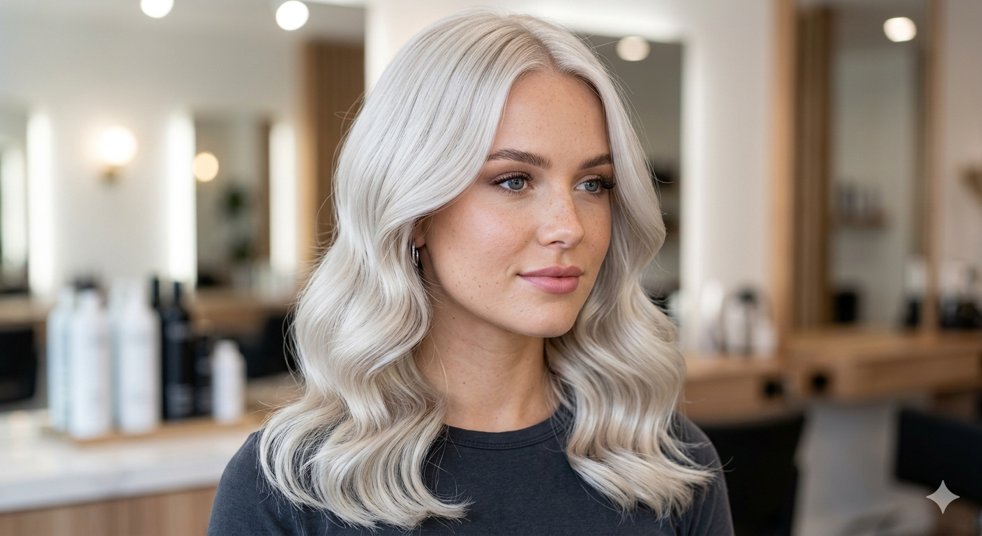 Woman with platinum blonde wavy hair styled in a modern salon look
