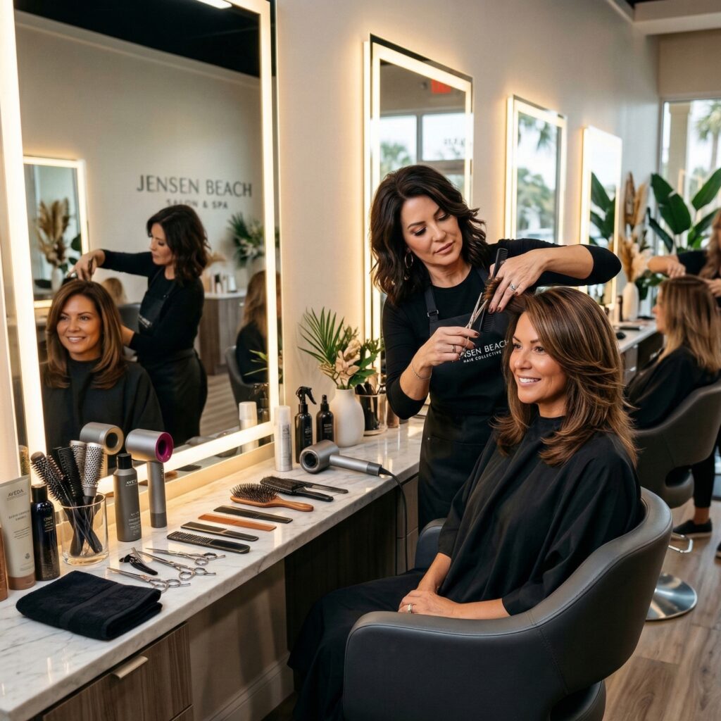 Women’s haircut service by professional stylist at Parlay Hair and Beauty Salon in Jensen Beach Florida