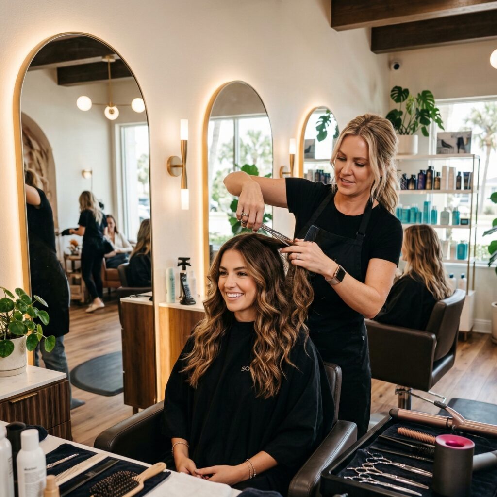 Luxury hair styling service with blow dryer and round brush at Jensen Beach Florida beauty salon