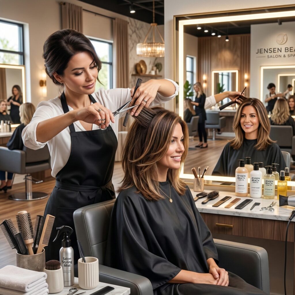 Professional stylist giving a precision women’s haircut at a modern salon in Jensen Beach Florida