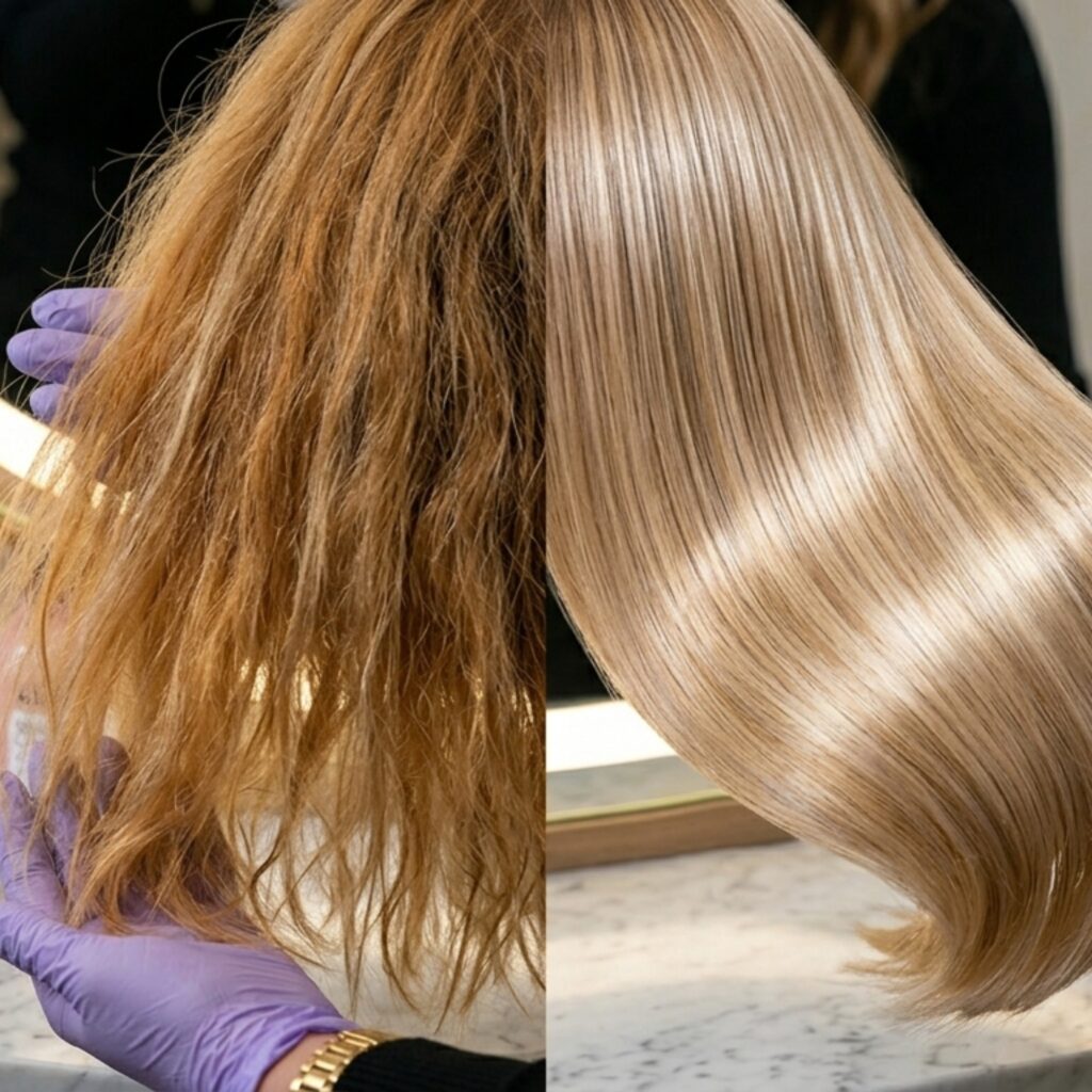 Hair color correction process close-up removing orange and yellow tones