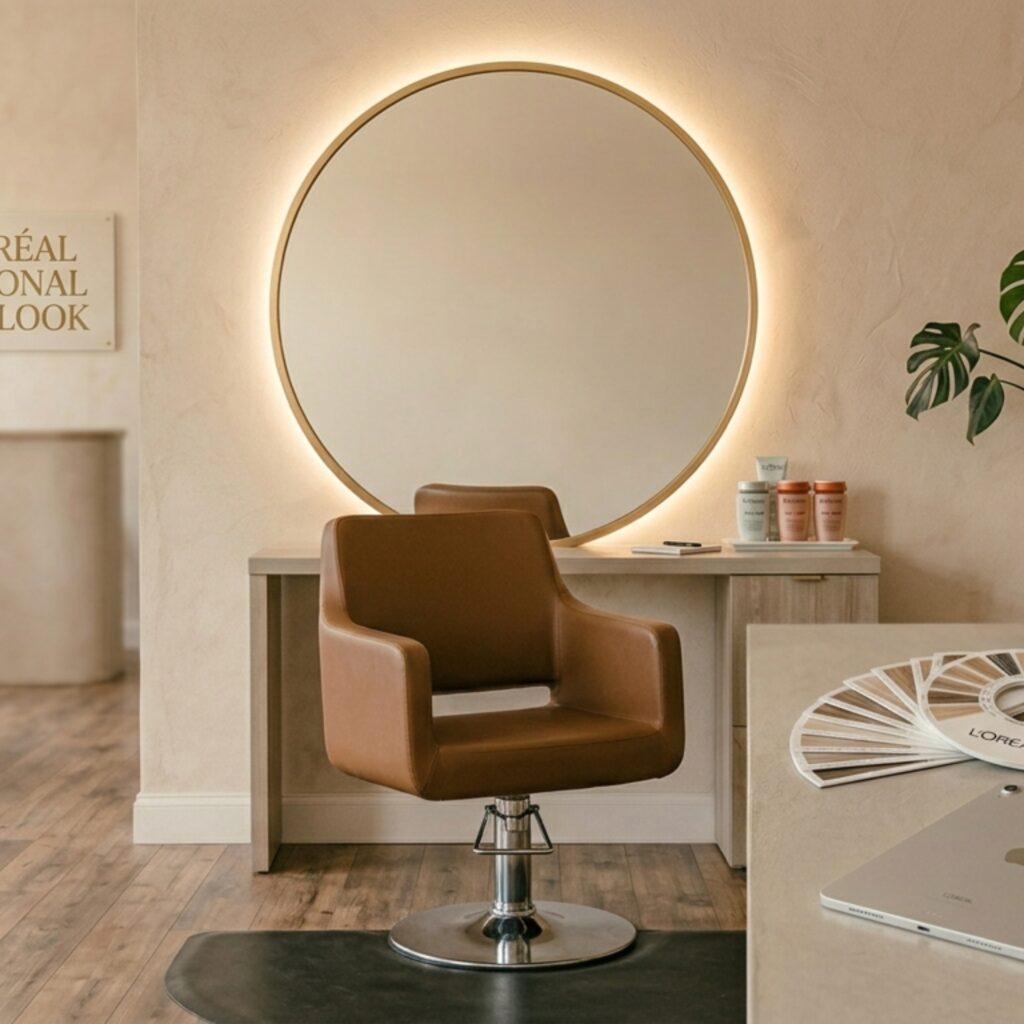 Modern salon interior with styling chair, round mirror, and minimalist hair studio setup