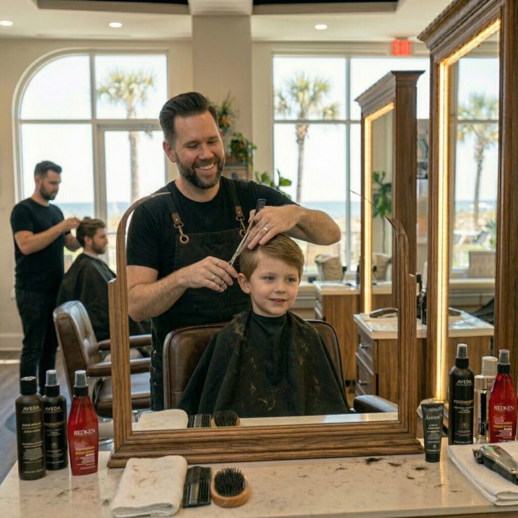 Boys haircut in Jensen Beach Florida with professional stylist cutting child's hair at Parlay Hair & Beauty salon