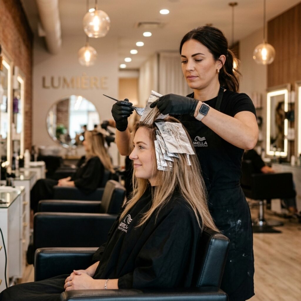 Professional hairstylist cutting and styling woman’s hair in a modern salon