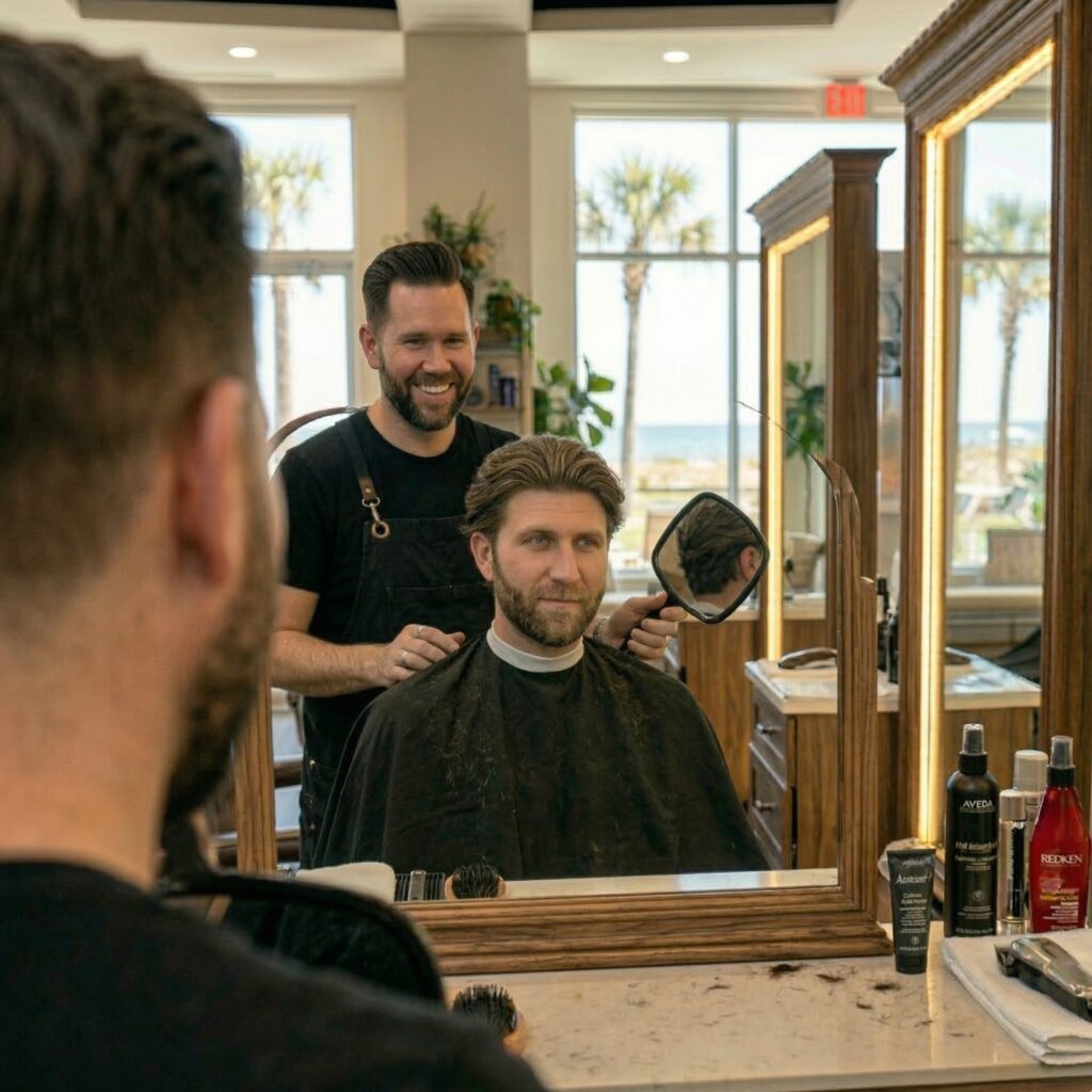 Client checking finished men's haircut in salon mirror at Jensen Beach Florida hair salon