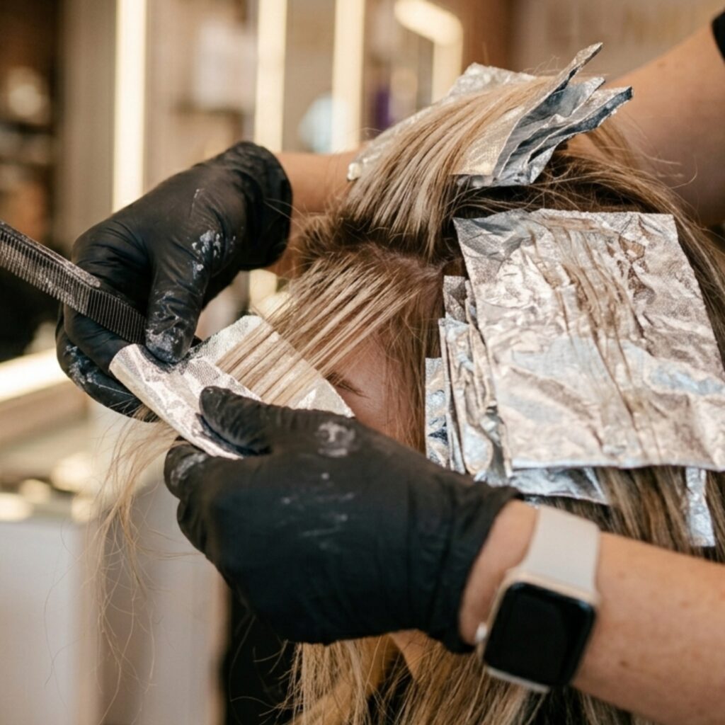 Hair stylist applying hair color with foil highlights during professional salon hair treatment