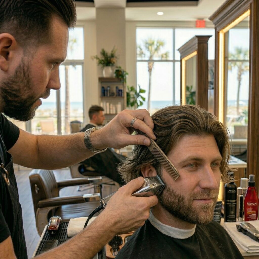 Men's haircut and beard trim in Jensen Beach Florida with stylist using clippers and comb at Parlay Hair & Beauty