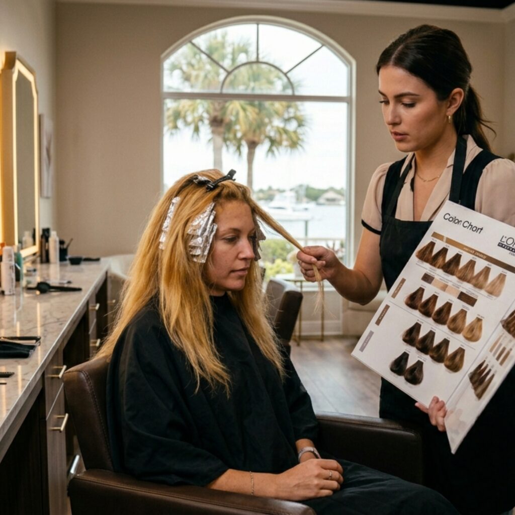 Hair repair treatment during color correction process salon