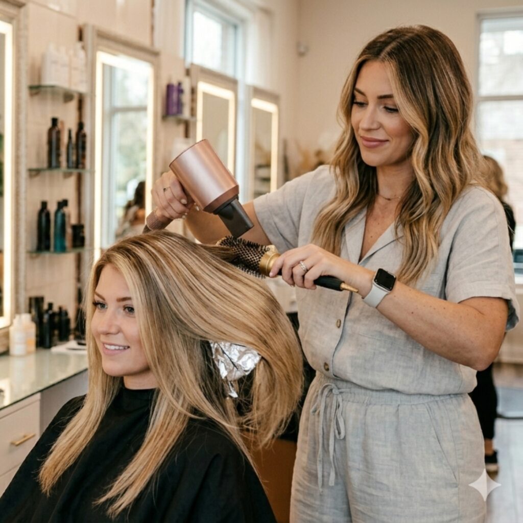 Hair stylist blow drying and styling woman’s hair in a professional salon