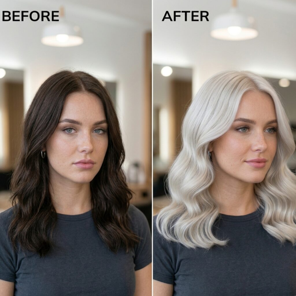Before and after hair color transformation from dark brunette to platinum blonde in salon