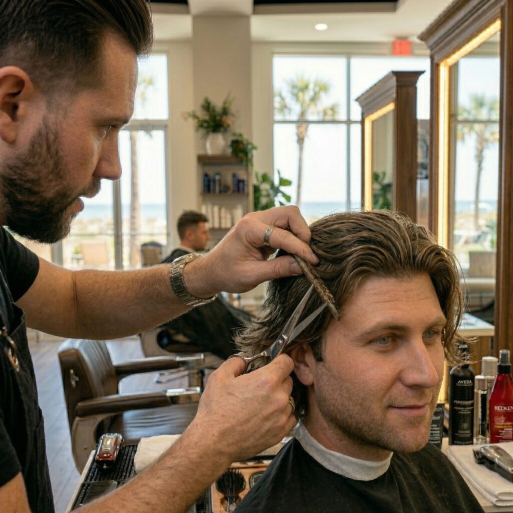 Men's layered haircut in Jensen Beach Florida with stylist cutting medium-length hair using scissors at salon