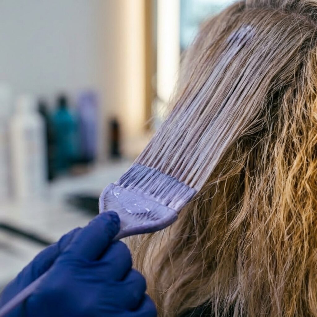 Woman with brassy uneven hair before color correction treatment