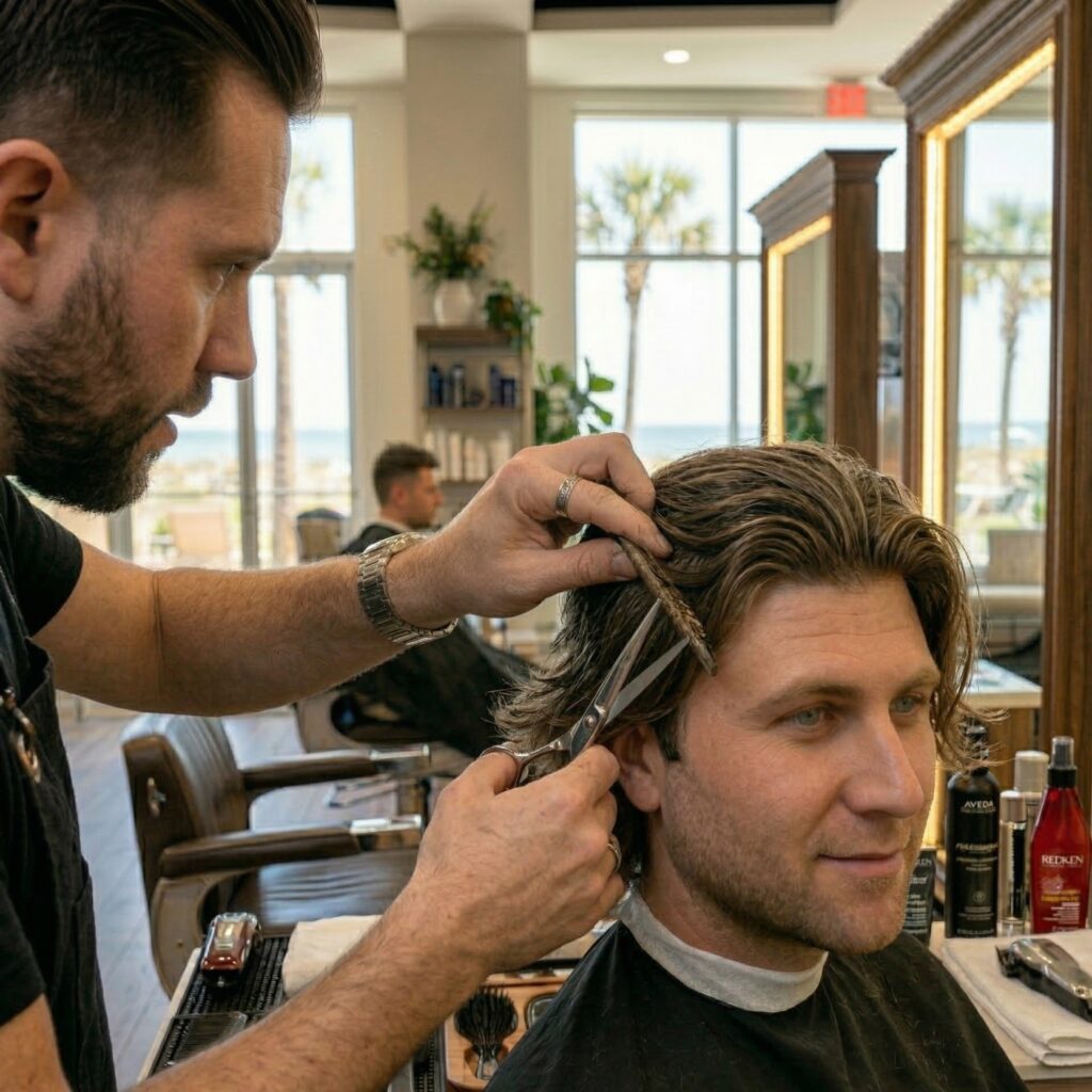 Men's long hair trim at Jensen Beach Florida salon with professional stylist cutting hair with scissors