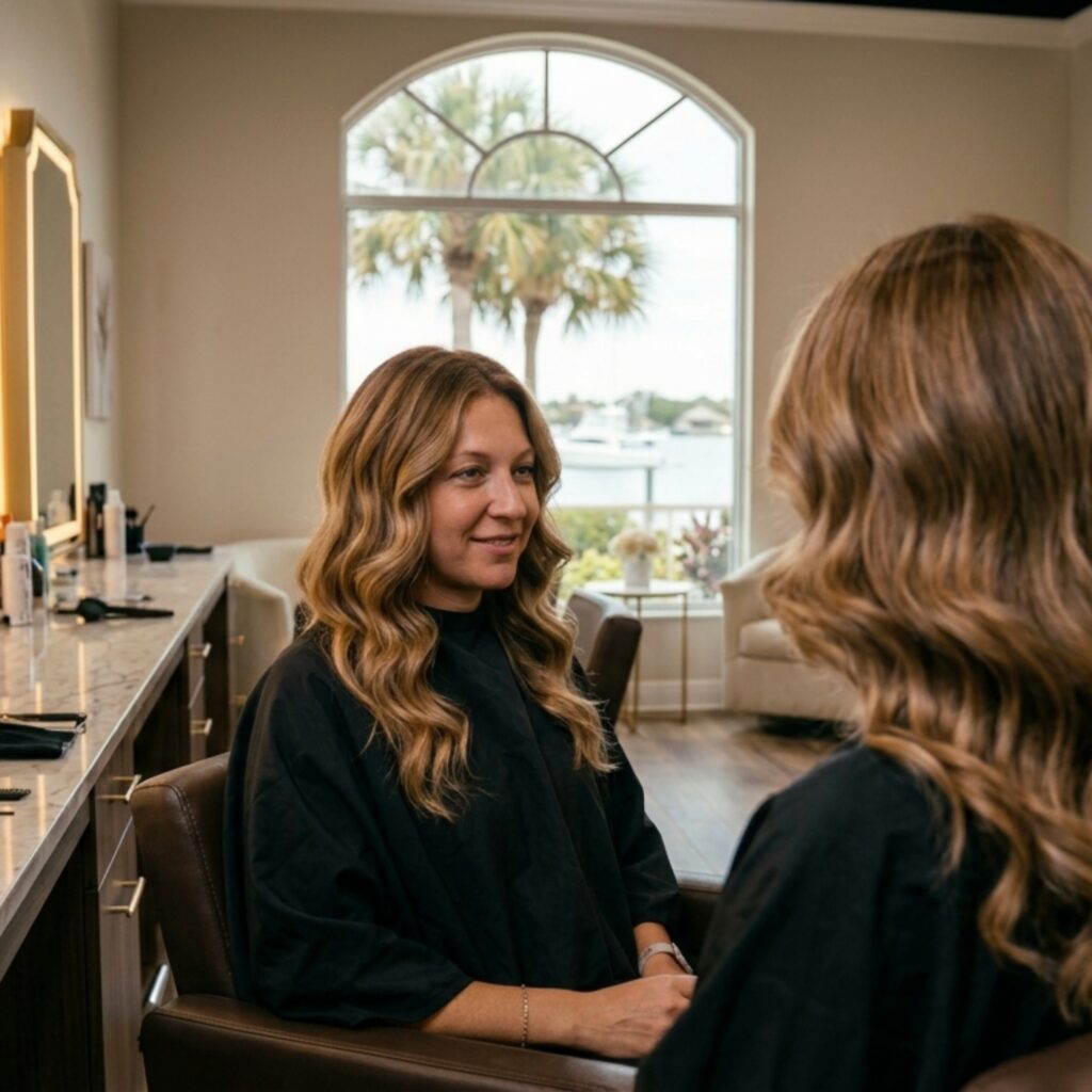 Luxury salon color correction service professional hairstylist working