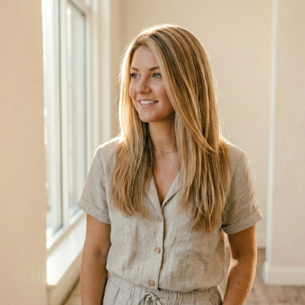 Woman with smooth straight hair smiling after professional salon haircut and styling