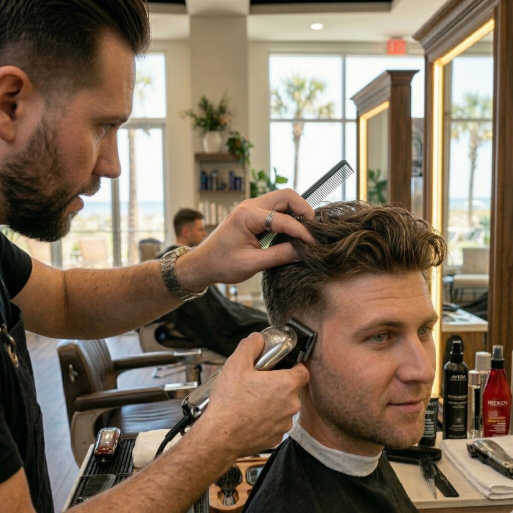 Professional men's fade haircut in Jensen Beach Florida with stylist using clippers at Parlay Hair & Beauty salon