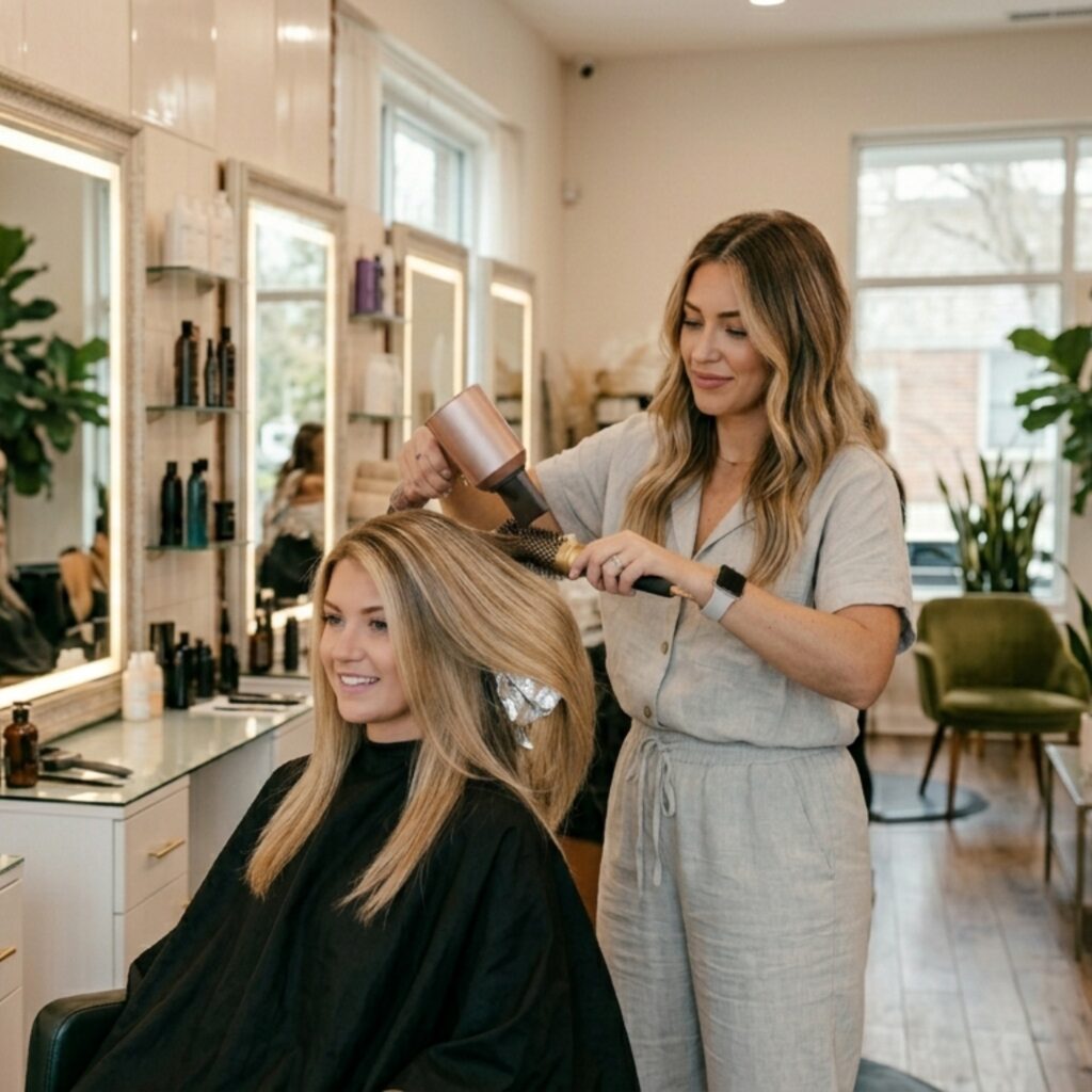 Hair stylist applying highlights and styling client’s hair in a professional salon