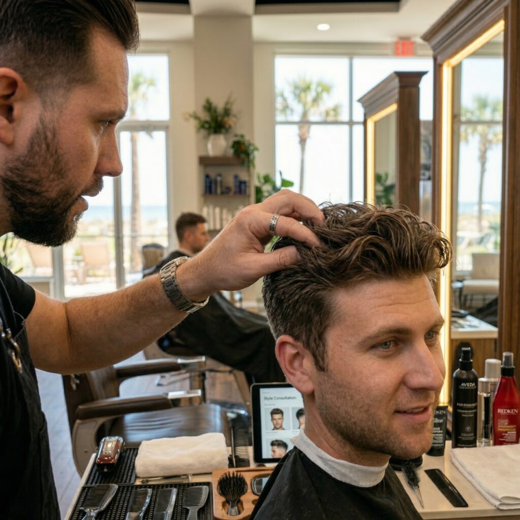 Men's haircut consultation and styling in Jensen Beach Florida at Parlay Hair & Beauty salon