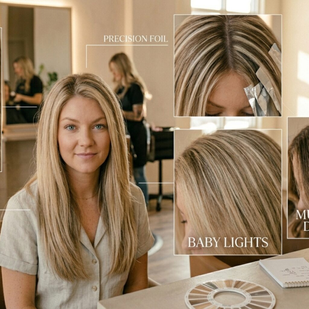Before and after hair transformation showing baby lights highlights in a salon