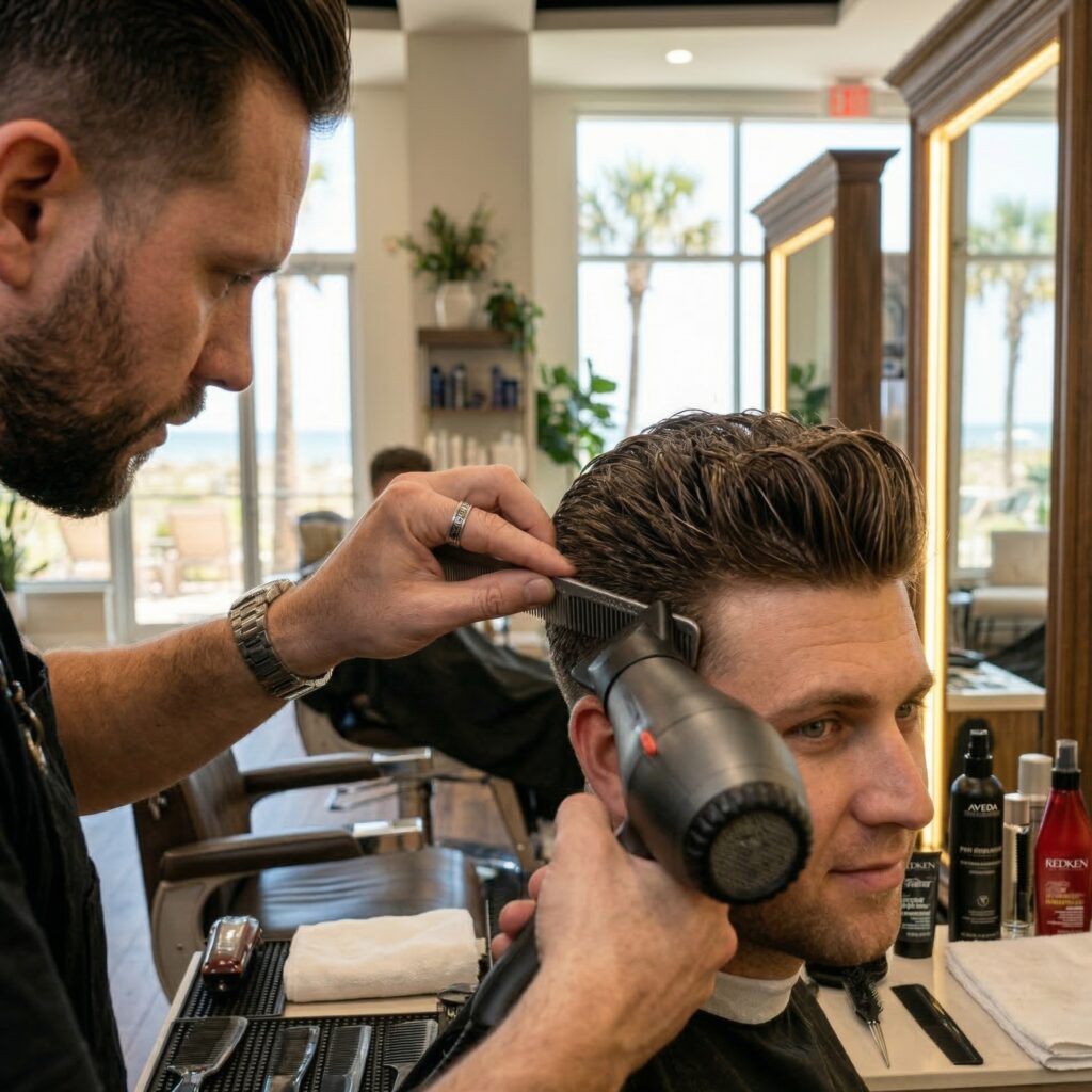 Professional men's haircut styling in Jensen Beach Florida with hairstylist using comb and hair dryer at Parlay Hair & Beauty salon