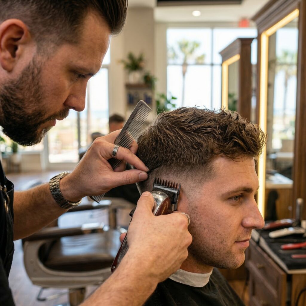 Men's fade haircut Jensen Beach Florida by professional stylist using clippers at modern hair salon