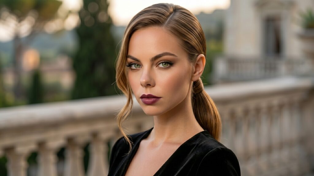 Elegant woman with sleek ponytail and glamorous makeup outdoor portrait