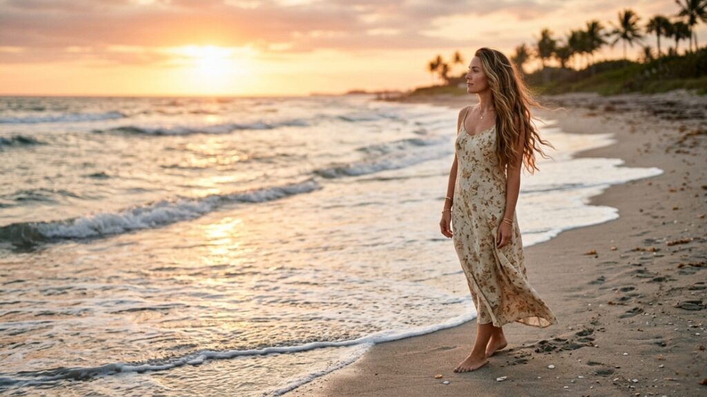 woman with long healthy hair walking on beach at sunset showcasing natural hair shine