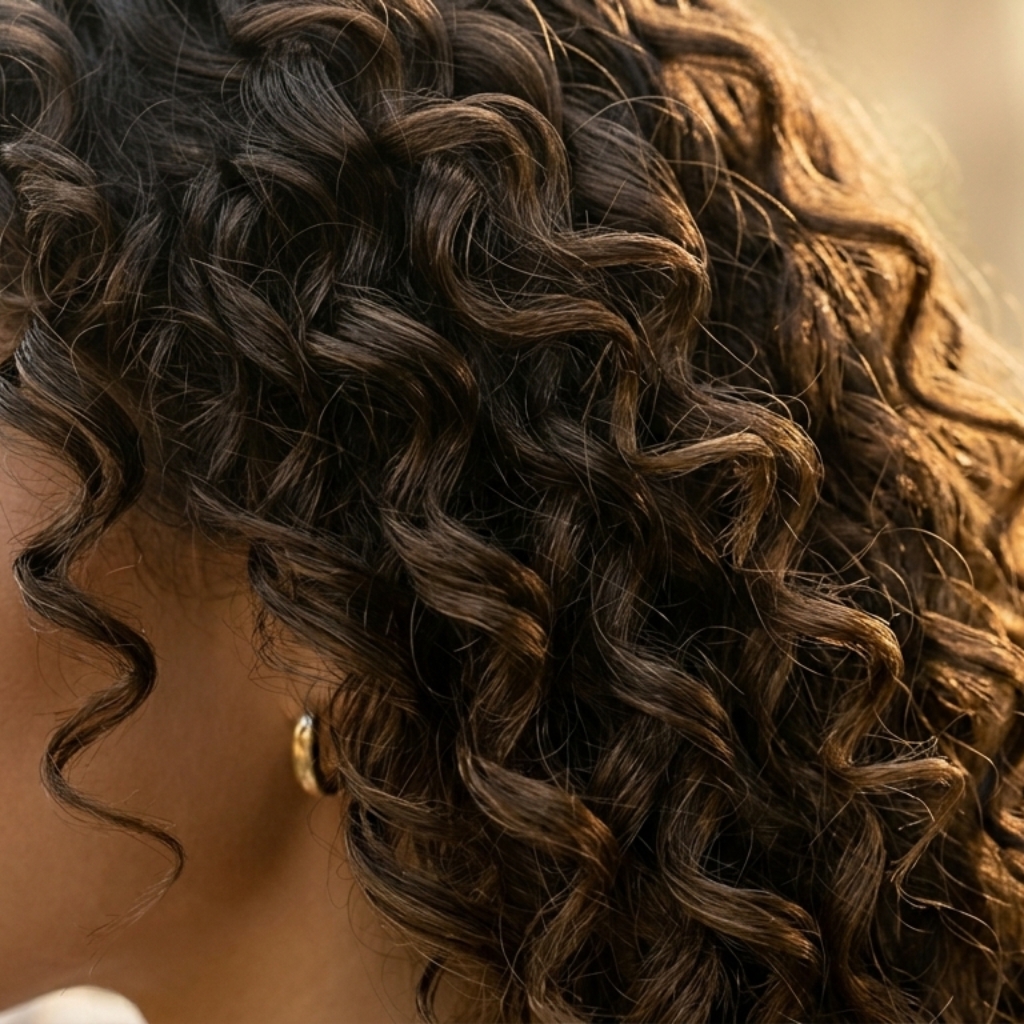 close up of curly hair texture showing defined natural curls and volume