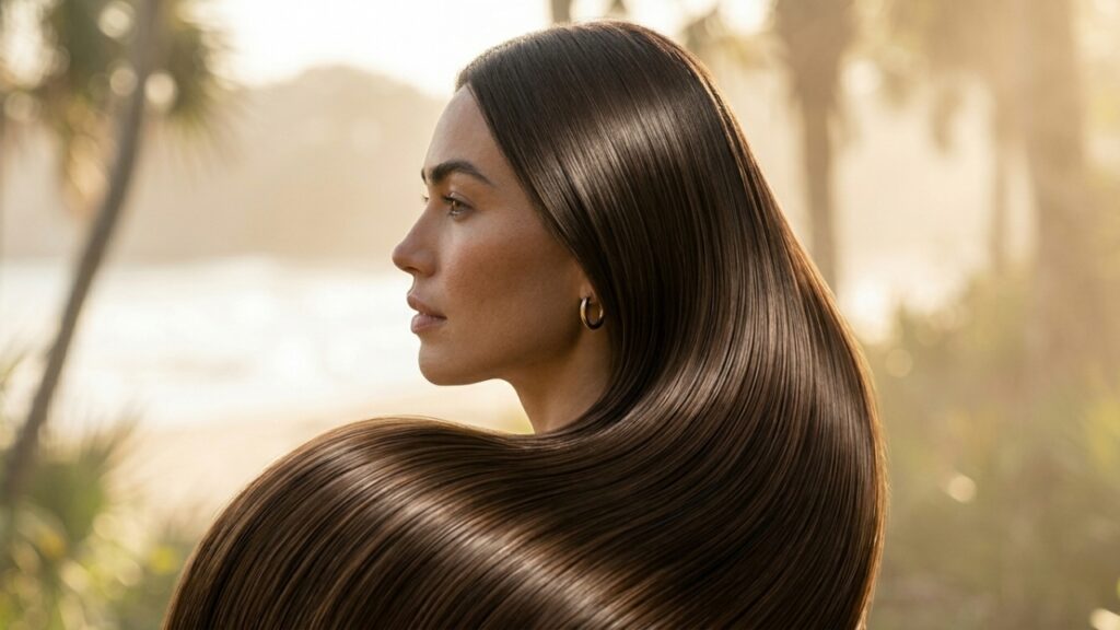 side profile of woman with ultra smooth shiny straight hair after keratin or Brazilian blowout treatment showing glossy frizz-free finish
