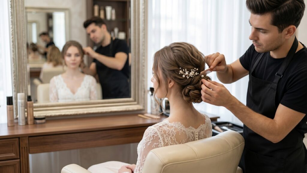 Bride getting hair styled by hairstylist in salon before wedding