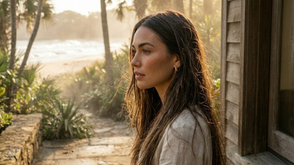 woman with natural wavy hair outdoors showing light frizz before smoothing treatment in humid environment