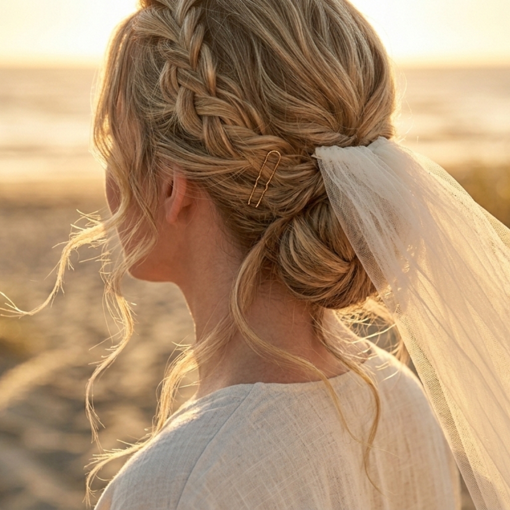 Bridal braided updo hairstyle with veil at sunset outdoor wedding setting