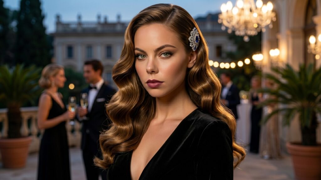 Elegant woman with vintage Hollywood waves hairstyle and jeweled hair clip at evening outdoor event