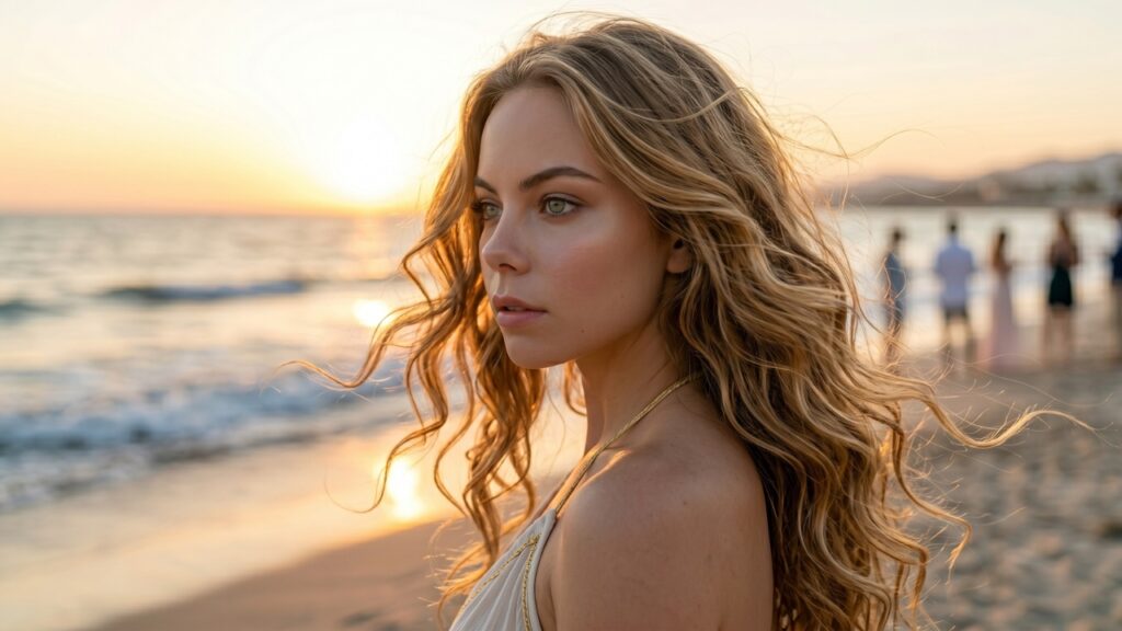 Bride with long wavy hair walking on beach at sunset with ocean and guests in background