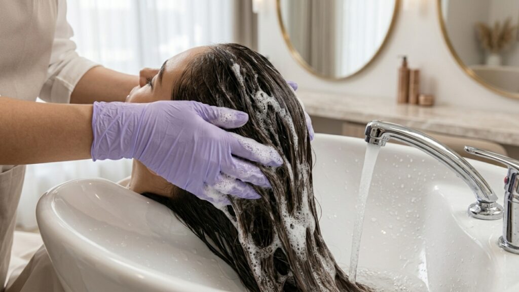 professional hairstylist washing client hair with shampoo at salon sink during smoothing or treatment process