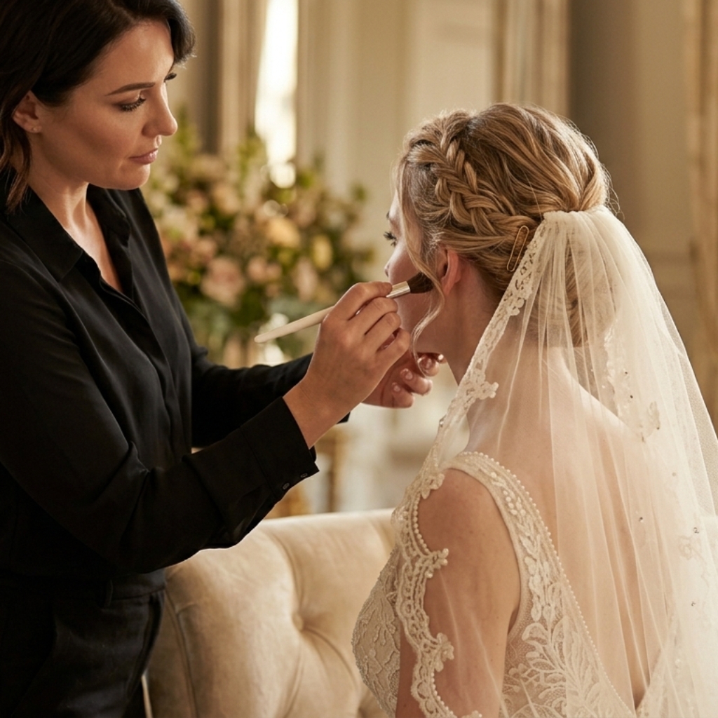 Bridal hairstylist adjusting veil and finishing braided updo hairstyle in salon