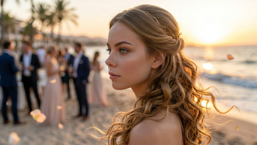 Bride with loose wavy hairstyle at sunset beach wedding with guests in background