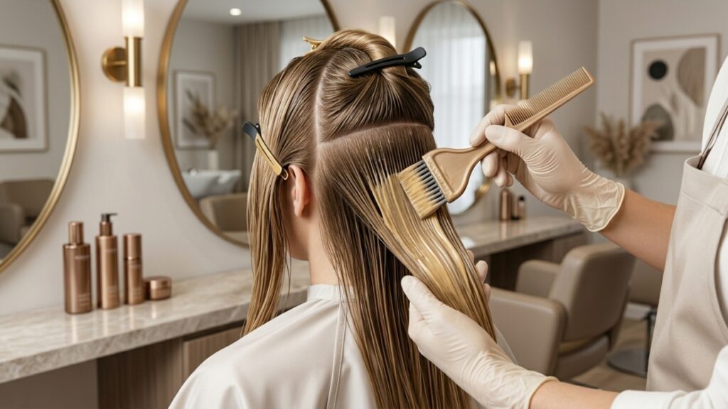 professional hairstylist applying smoothing treatment to sectioned hair in salon using brush for even product distribution