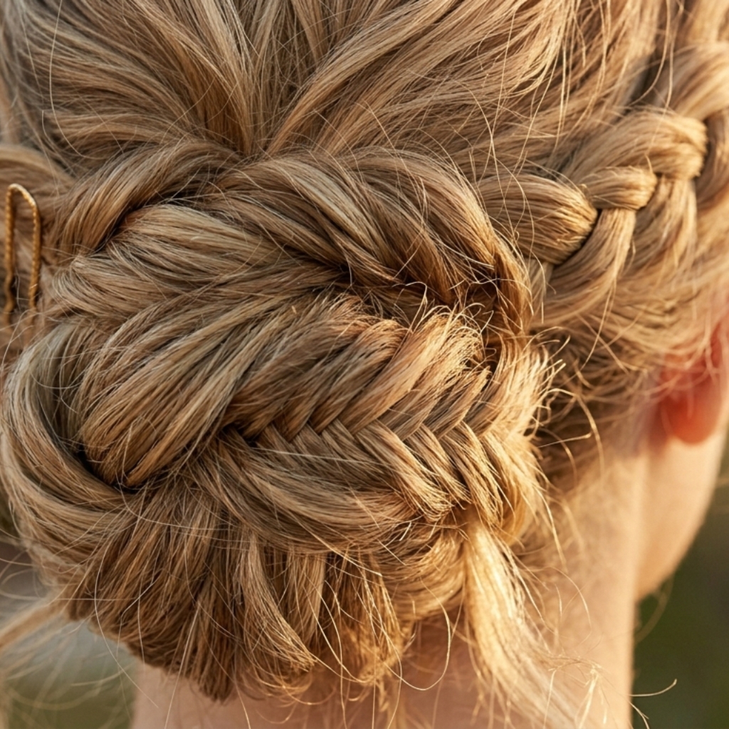 Close-up of braided bridal updo hairstyle with detailed texture and volume