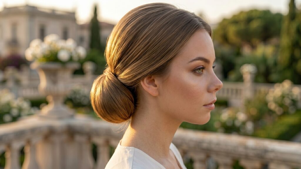 Side profile of woman with sleek low bun hairstyle in an elegant outdoor garden setting