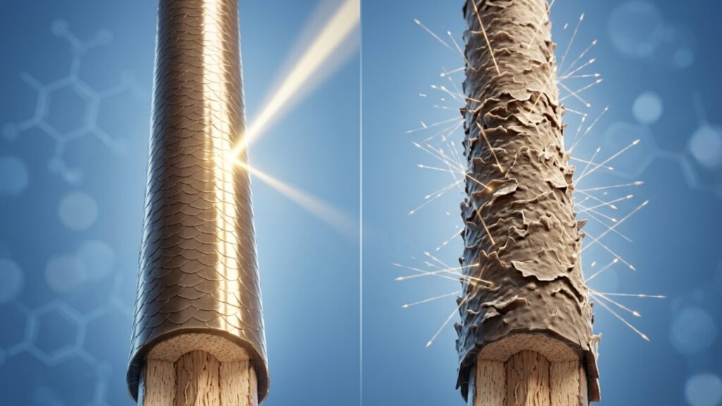 comparison of healthy smooth hair cuticle vs damaged frizzy hair cuticle showing rough lifted layers and breakage