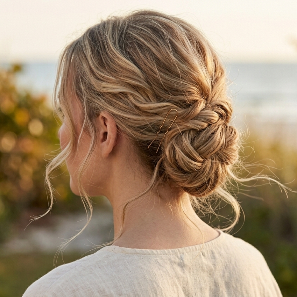 Soft low bridal bun hairstyle with loose texture for outdoor wedding look