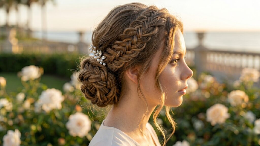 Side profile of bride with intricate braided low bun hairstyle and pearl hair pins in a sunlit garden setting