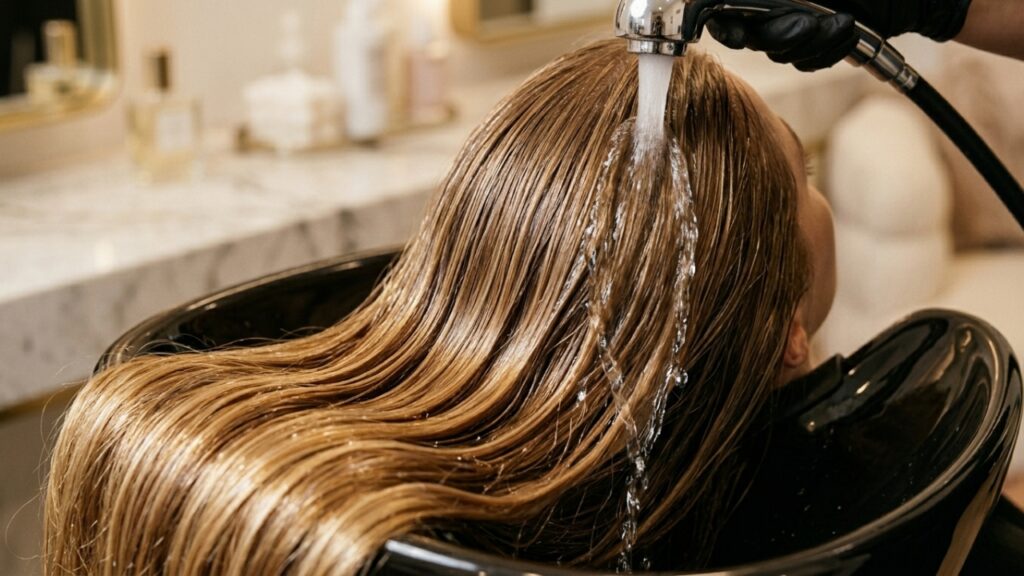 hair stylist washing and rinsing client’s hair at salon basin during professional hair treatment