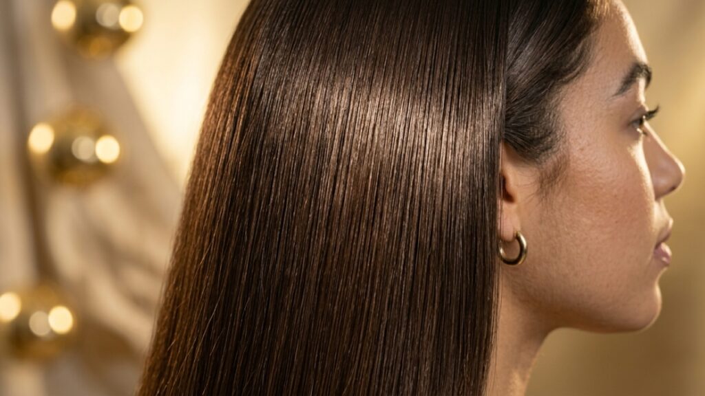 side profile of woman with smooth straight shiny hair after smoothing treatment showing frizz-free sleek finish