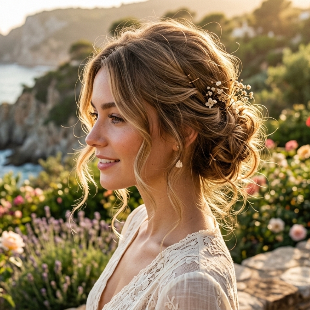 Romantic bridal updo hairstyle with soft loose strands and floral accents outdoors