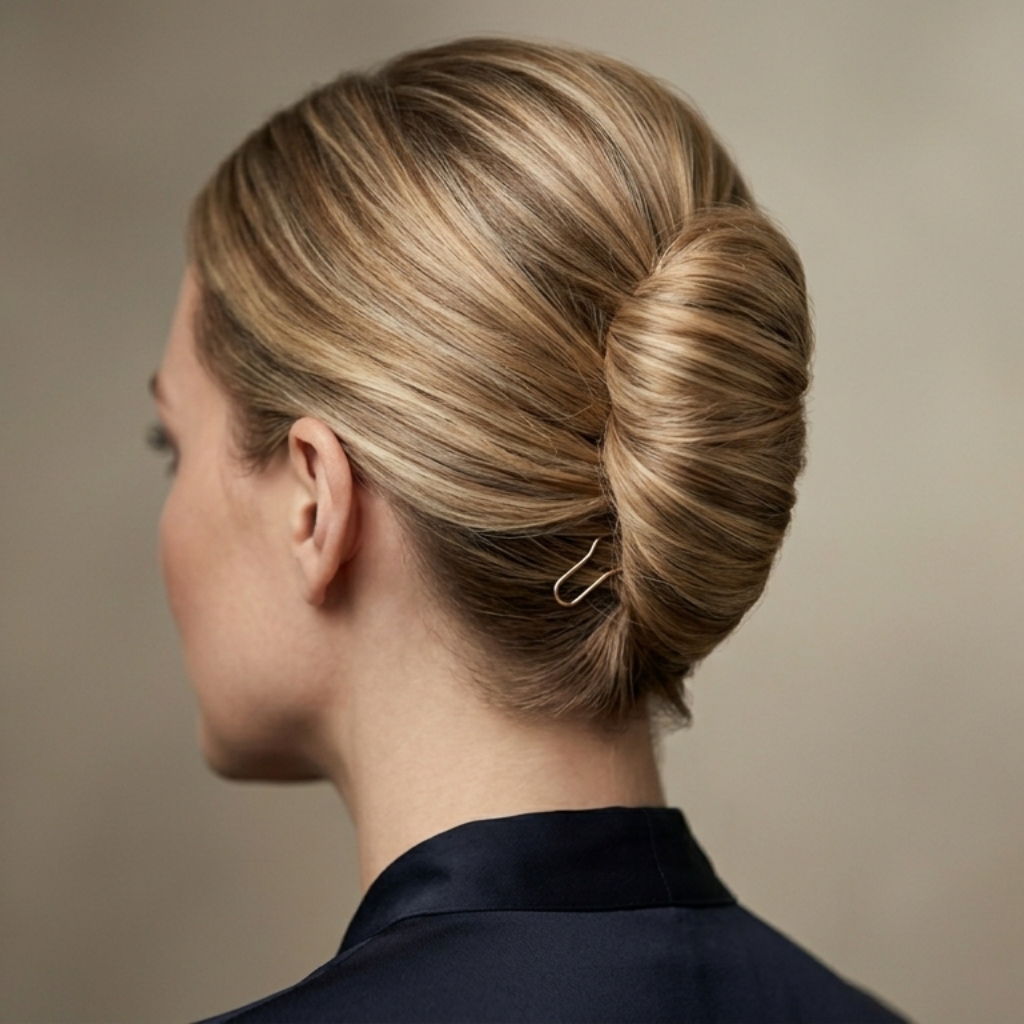 Sleek low bun bridal hairstyle with smooth finish and elegant look