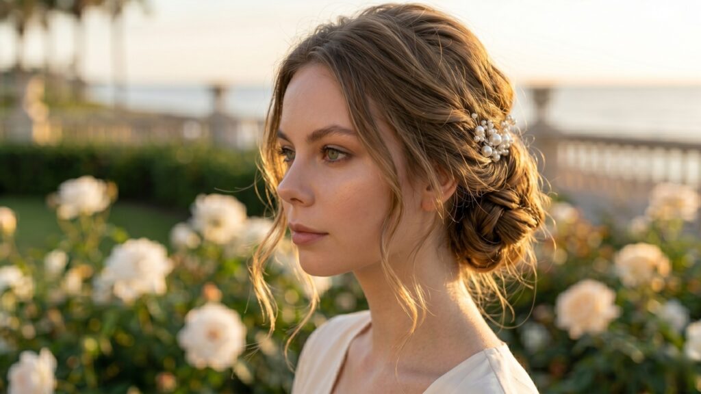Bride with elegant braided low bun hairstyle and pearl hair accessory in outdoor garden setting