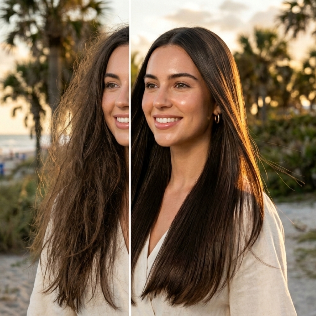 before and after hair smoothing treatment showing frizzy hair vs straight shiny hair