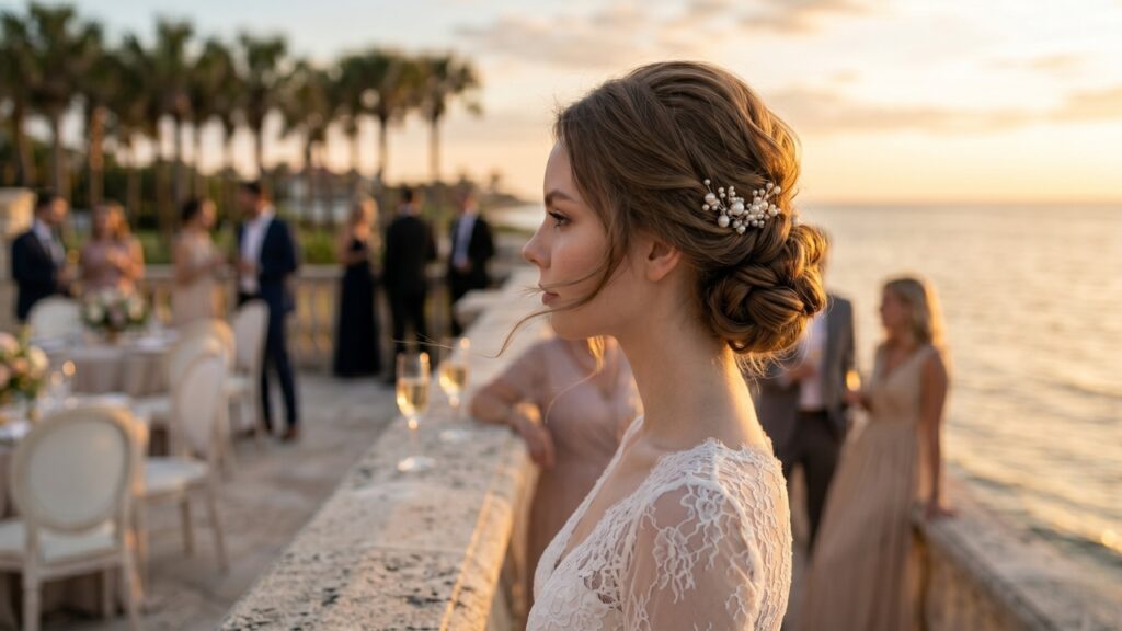 Elegant bride with low bun hairstyle and hair accessory at sunset beach wedding reception